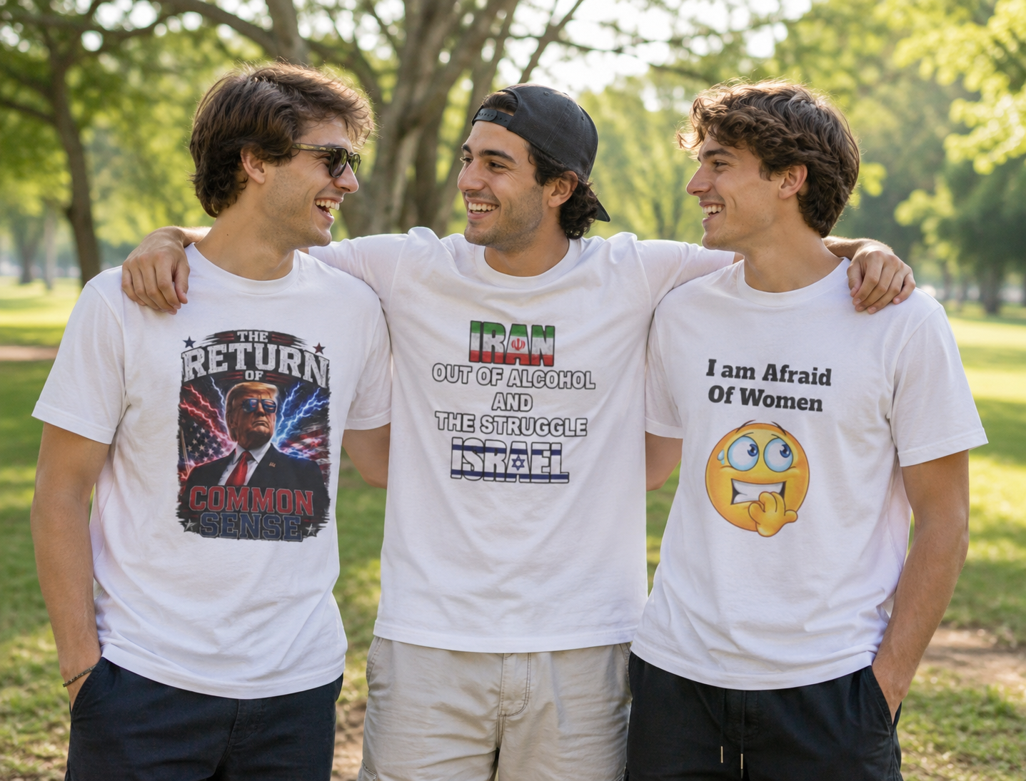 Three friends laughing in a park wearing Bridgepoint Cloth graphic tees