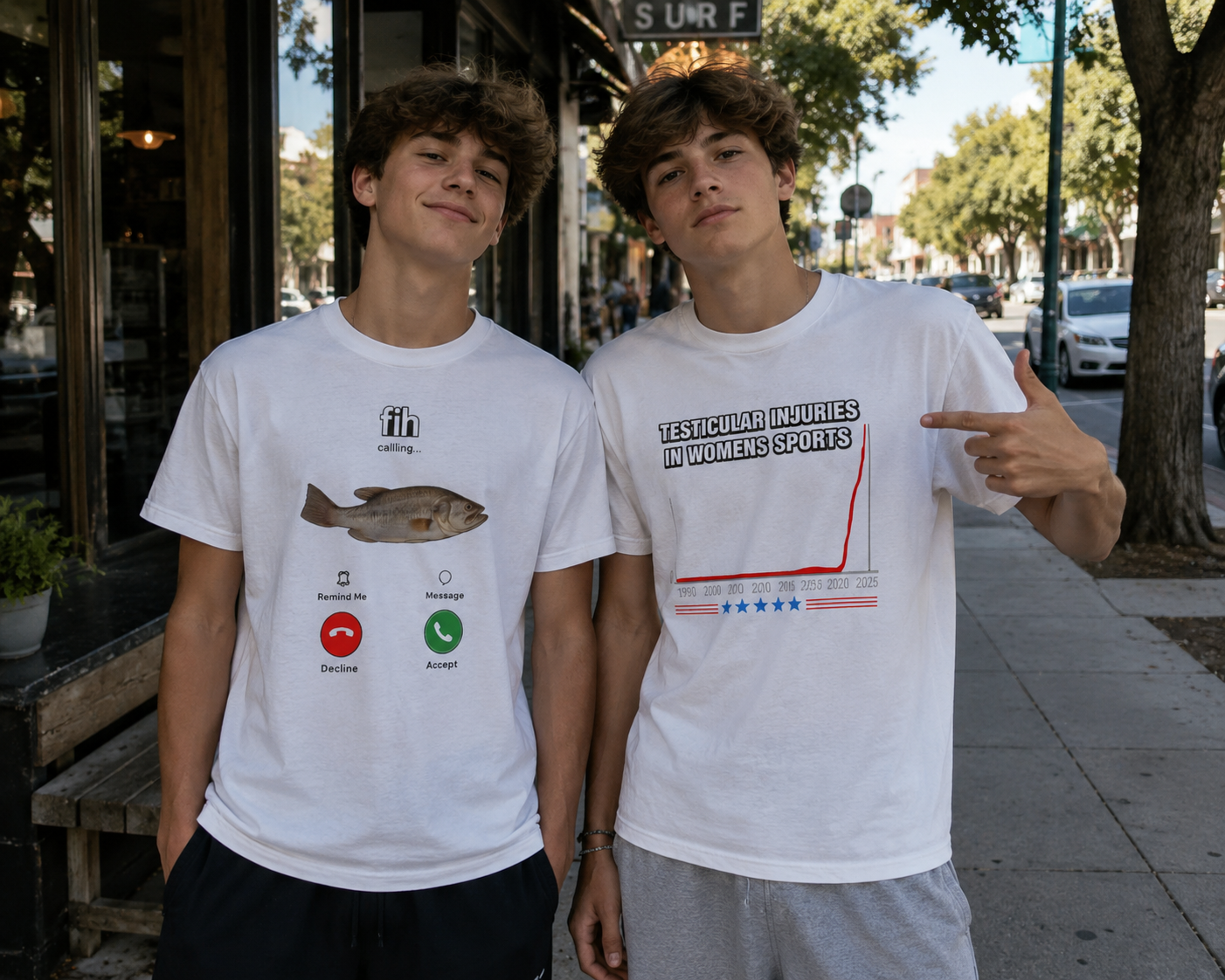 Two guys on a sidewalk in Bridgepoint Cloth graphic tees
