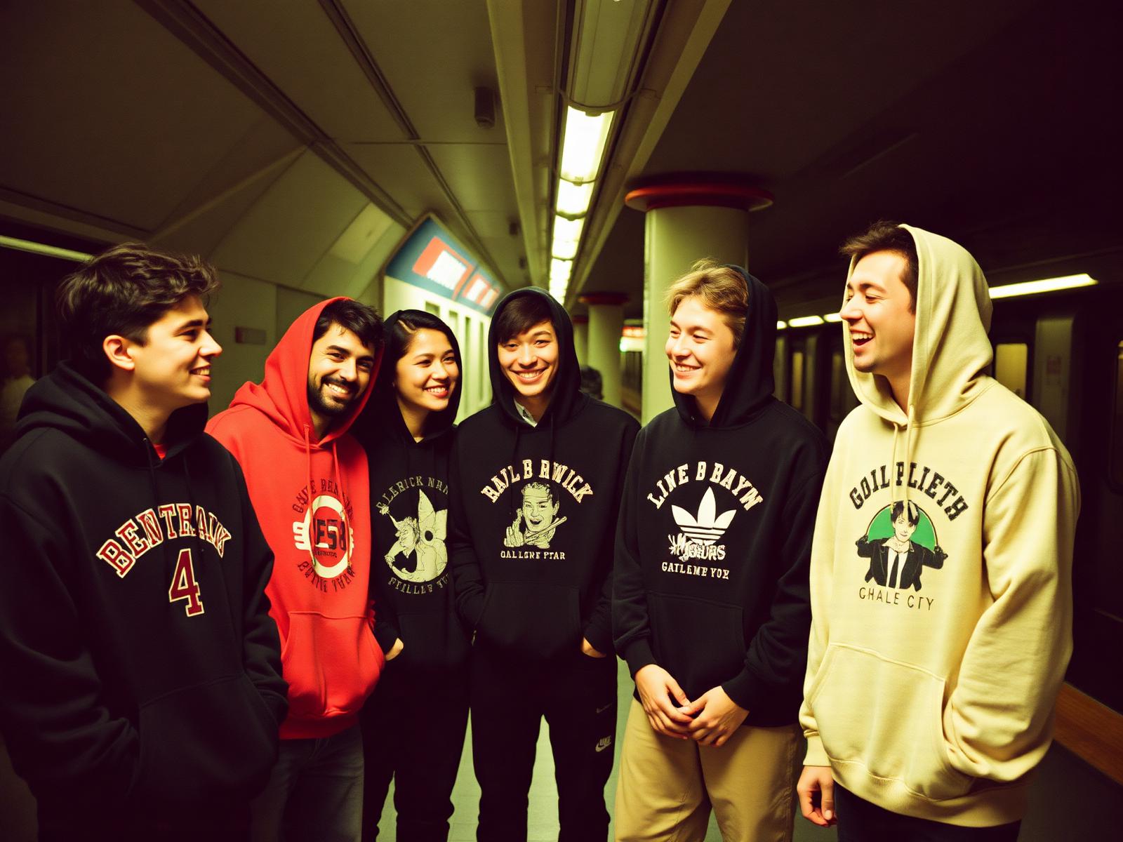 Community wearing Bridge Point Clothing hoodies on a subway platform